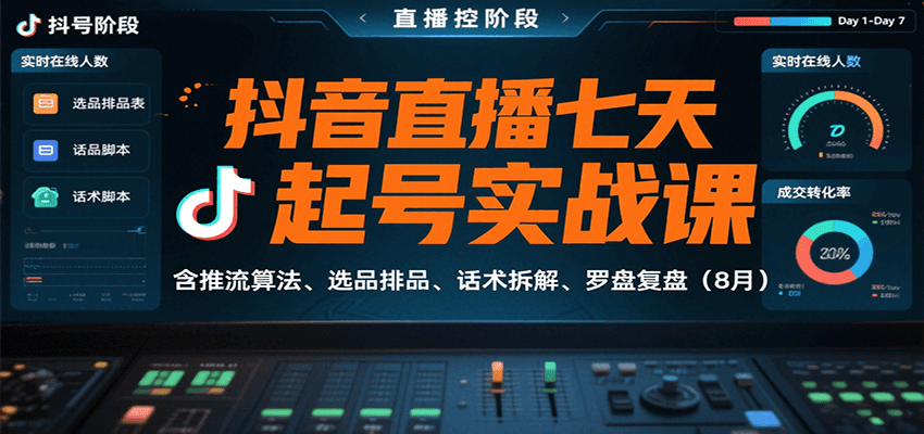 抖音直播七天起号实战课：含推流算法、选品排品、话术拆解、罗盘复盘(8月)-凌云网创