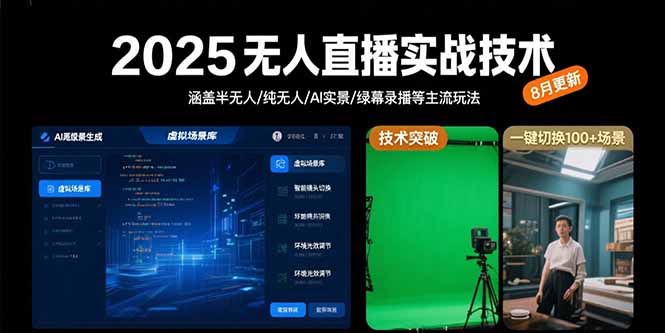 2025无人直播实战技术-8月，涵盖半无人/纯无人/AI实景/绿幕录播等主流玩法-凌云网创